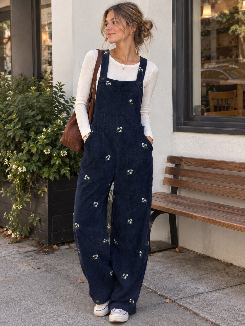 Cider Navy Floral Embroidered Corduroy Overalls casual stretch size large